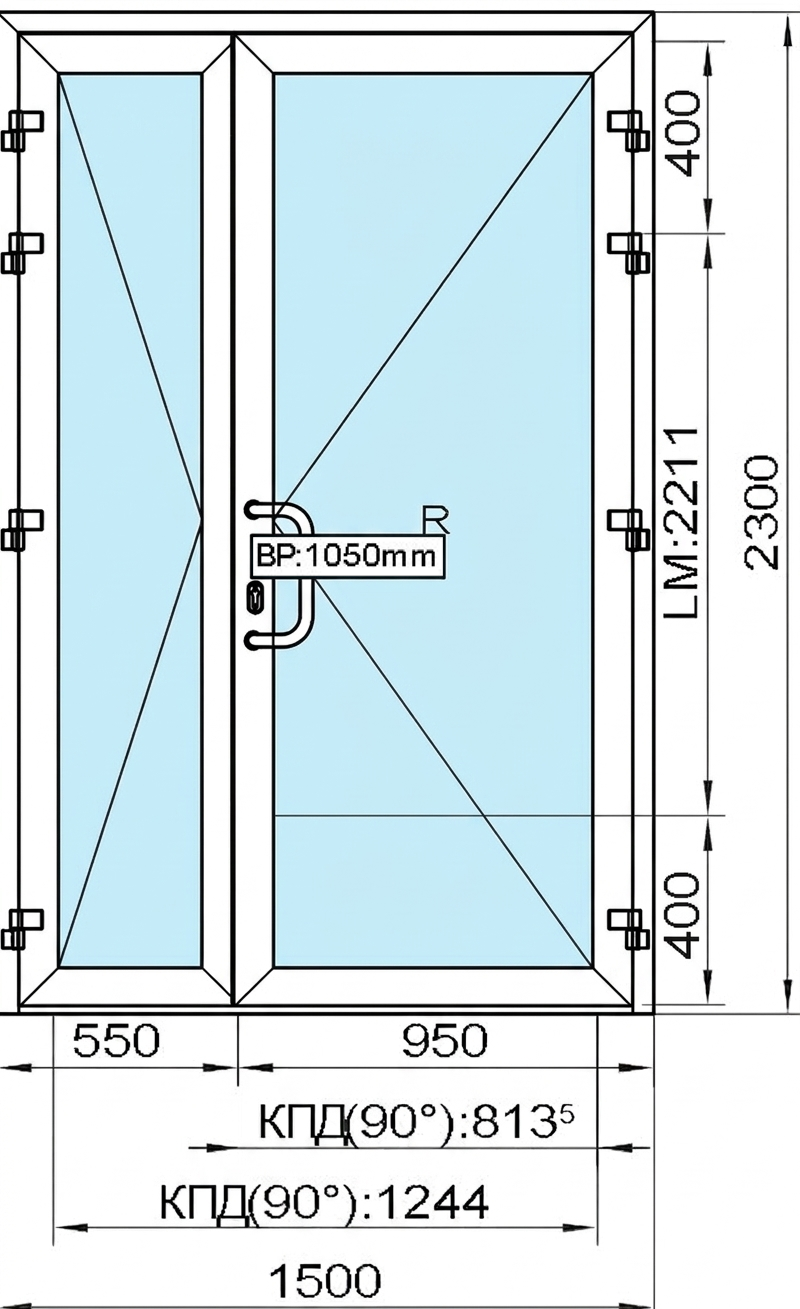 2 300 (H) x 1 500 (B) мм Двухстворчатая дверь