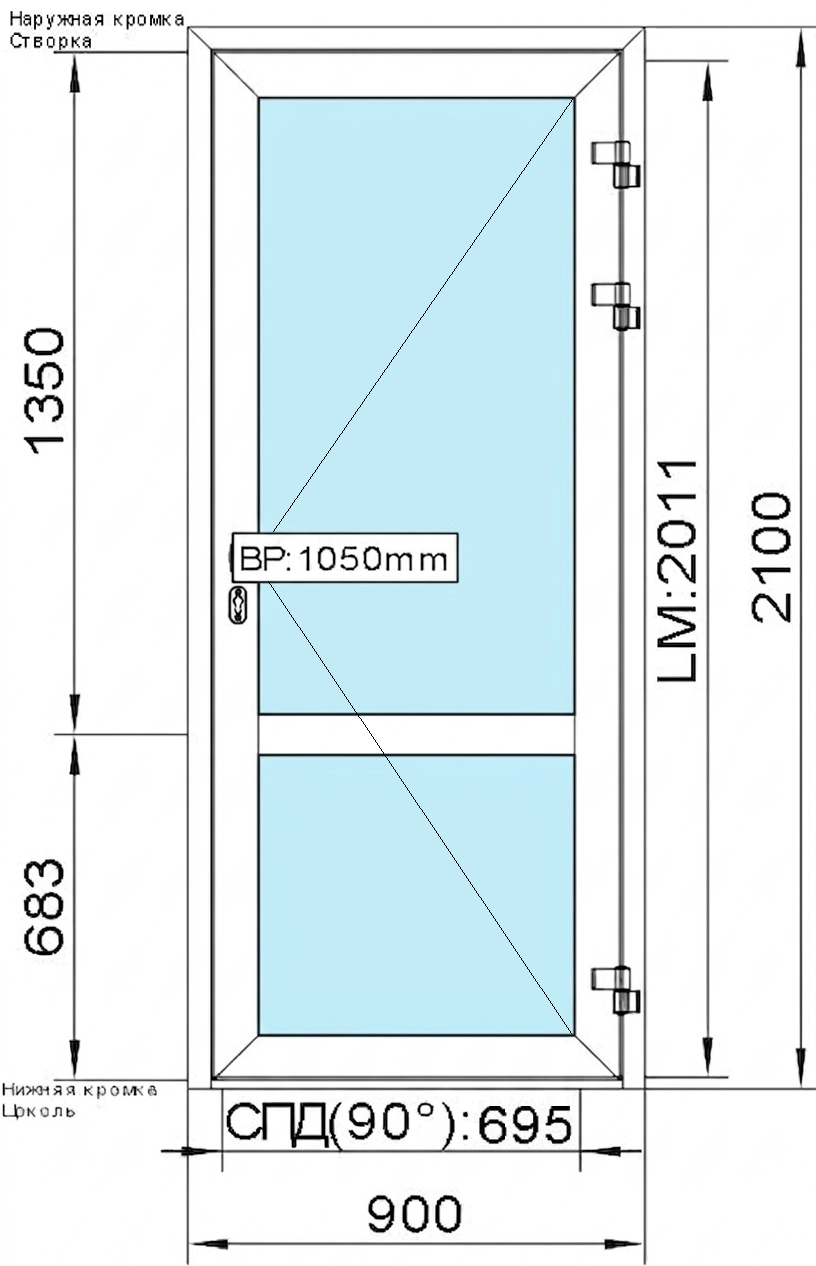 2 100 (H) x 900 (B) мм Одностворчатая дверь