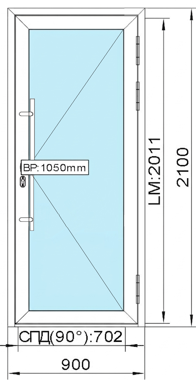 2 100 (H) x 900 (B) мм Одностворчатая дверь