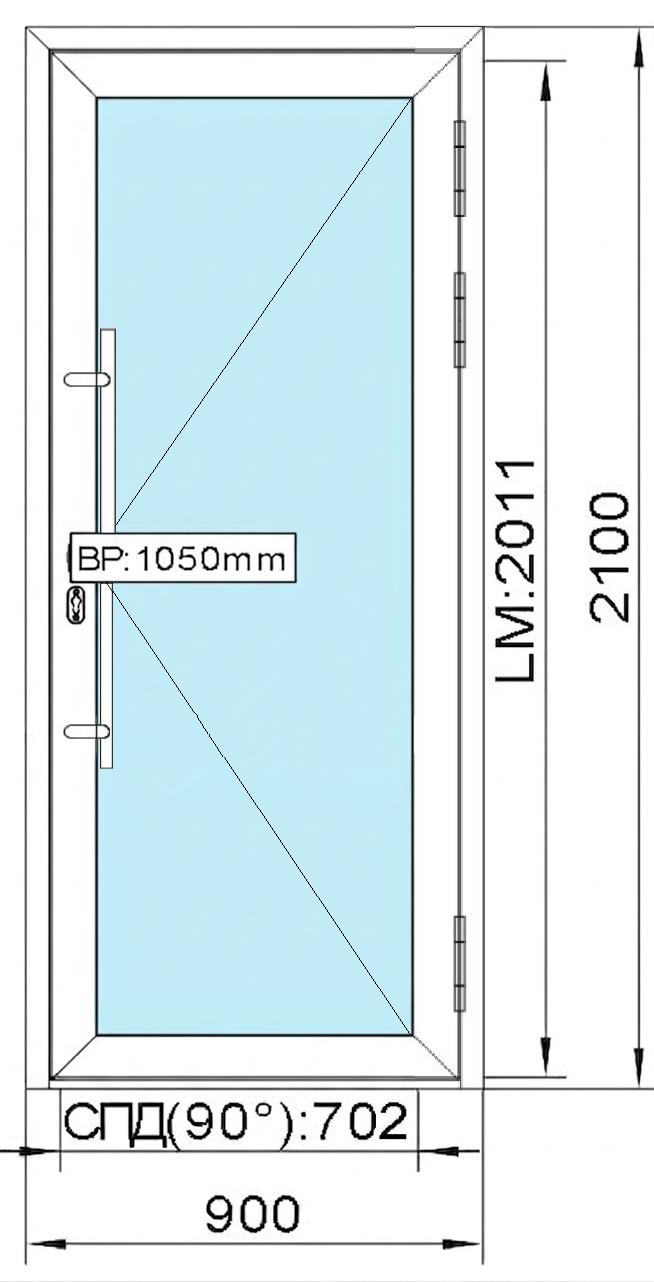 2 100 (H) x 900 (B) мм Одностворчатая дверь