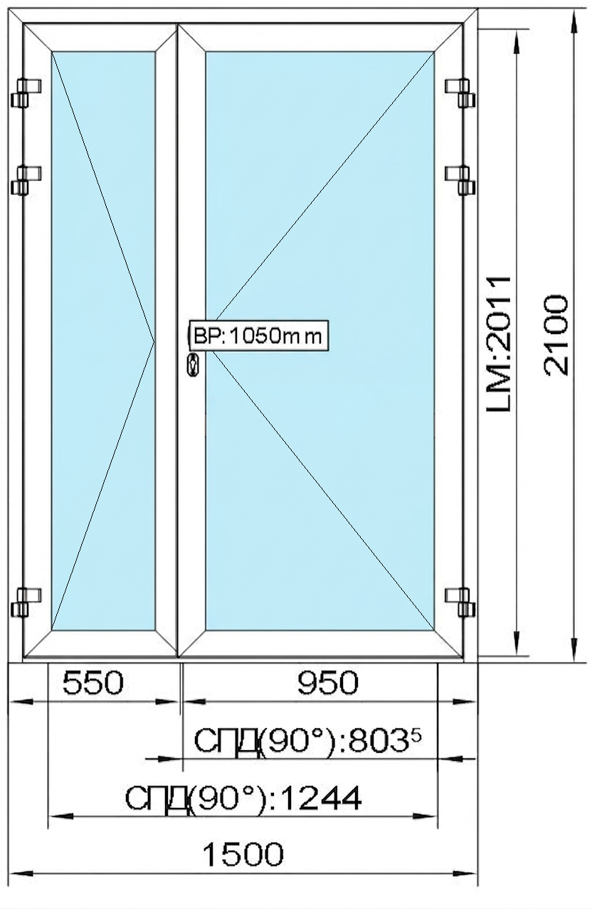 2 100 (H) x 1 500 (B) мм Двухстворчатая дверь