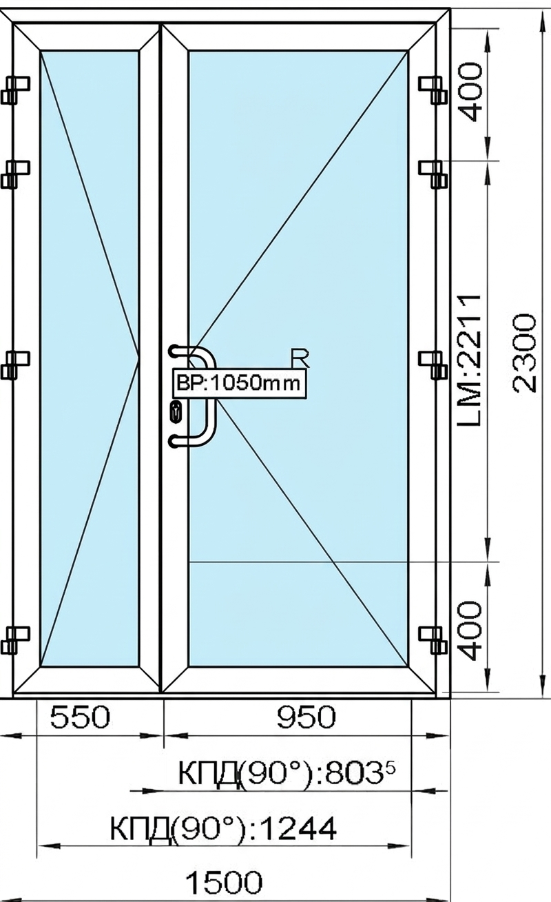 2 300 (H) x 1 500 (B) мм Двухстворчатая дверь
