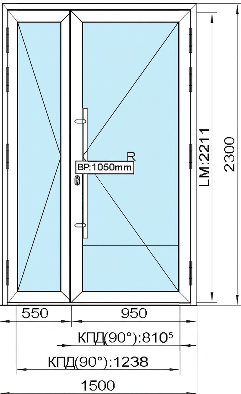 2 300 (H) x 1 500 (B) мм Двухстворчатая дверь