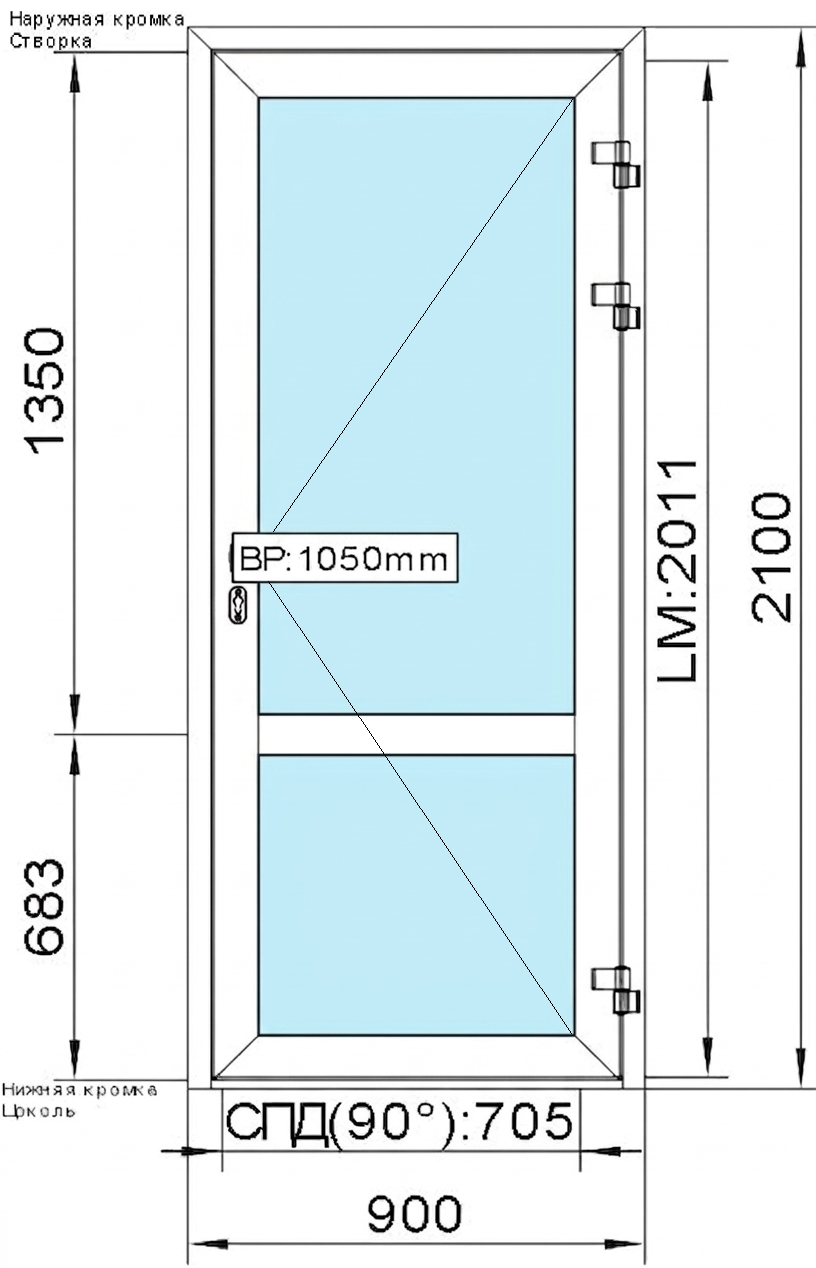 2 100 (H) x 900 (B) мм Одностворчатая дверь