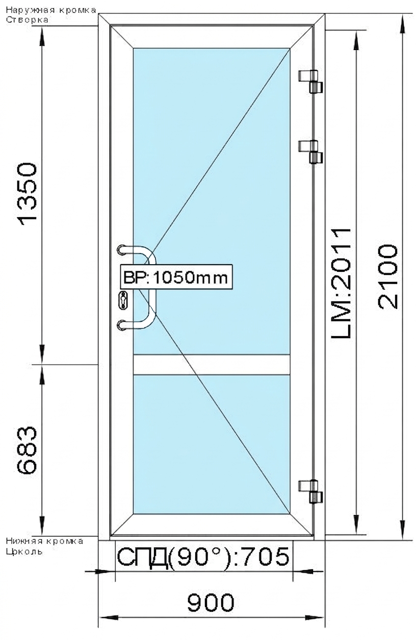 2 100 (H) x 900 (B) мм Одностворчатая дверь
