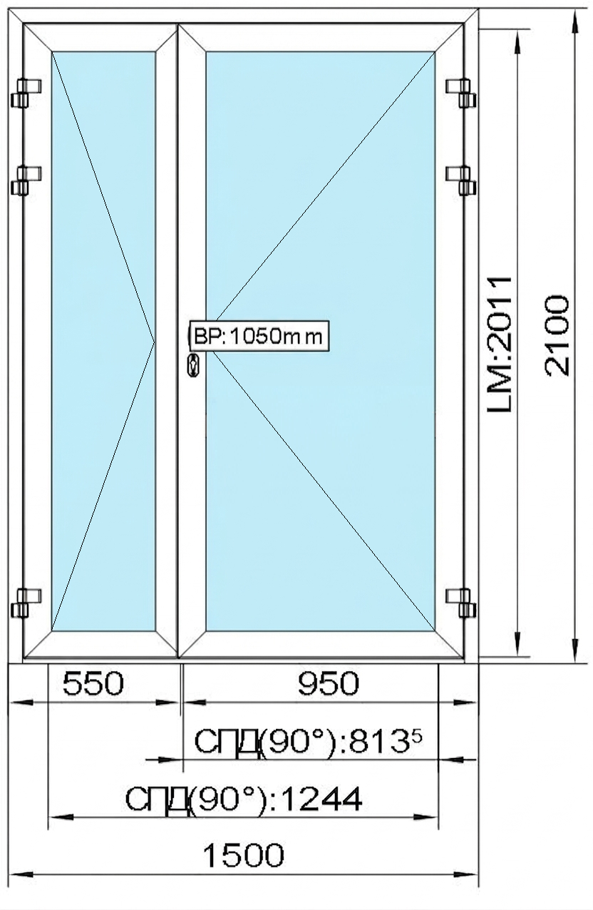 2 100 (H) x 1 500 (B) мм Двухстворчатая дверь