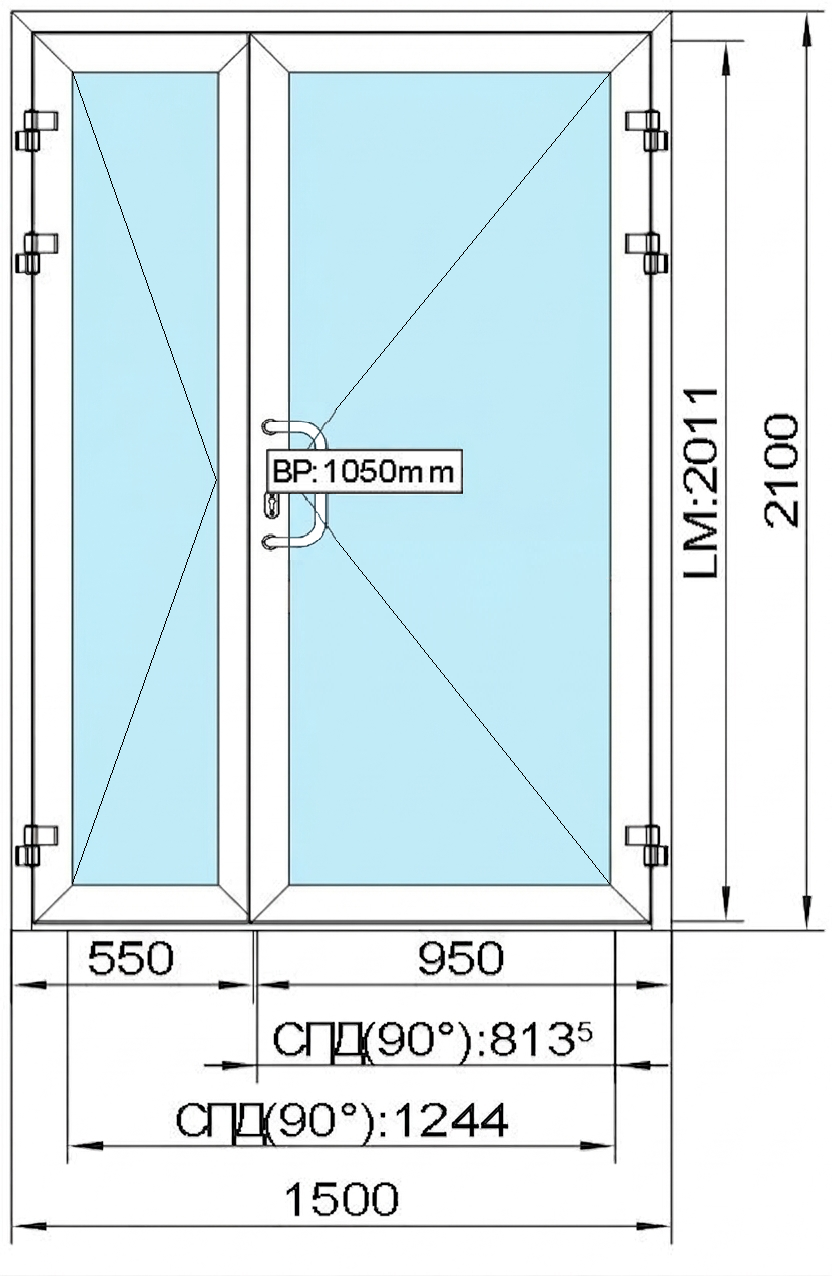 2 100 (H) x 1 500 (B) мм Двухстворчатая дверь