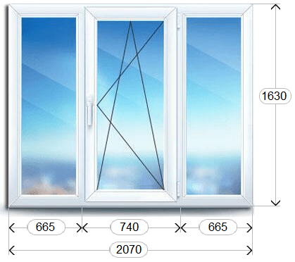 Кашированное окно состоит из 3-х частей, в центре одна створка поворотно – откидная, по бокам глухие части