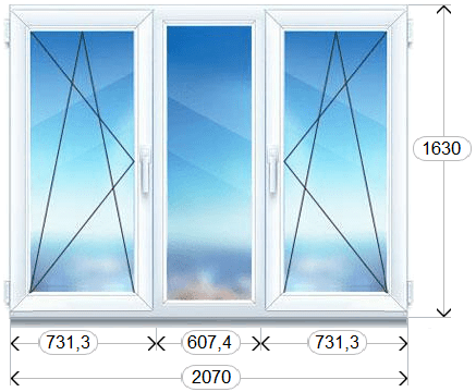 Кашированное окно состоит из 3-х частей, в центре одна часть глухая, по бокам обе   створки поворотно – откидные